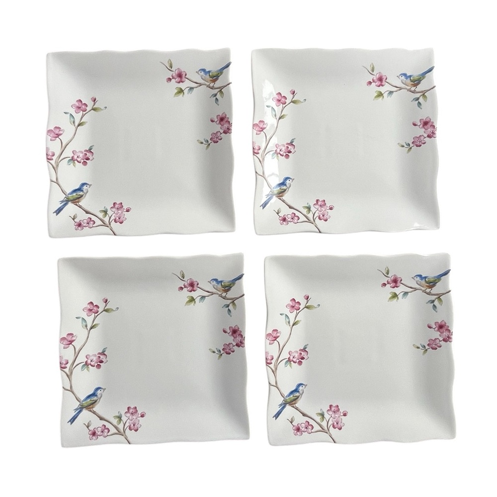 Set Of 4 222 Fifth Feathered Friends Birds Floral Square Salad Plates Discontin